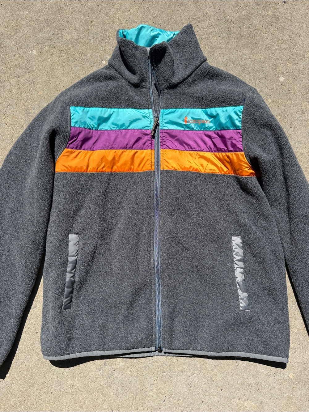 cotopaxi Gray Fleece Jacket with Teal, Purple & Orange Accents